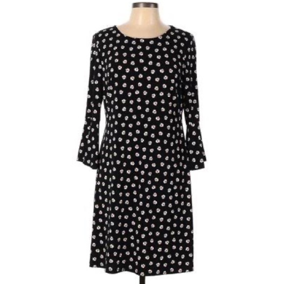 Tommy Hilfiger Retro Mod Floral Print 3/4 Bell Sl Dress Black White Red & Tan M - Picture 1 of 7